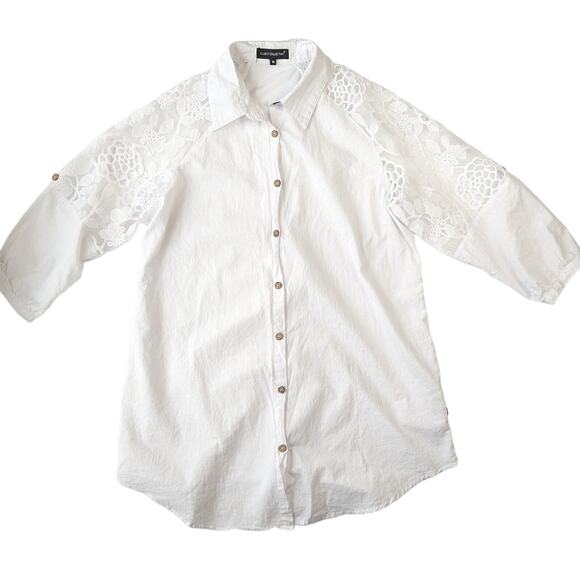 Club Z Collection Tops - Floral Crochet Mesh Sleeve Cotton Button Down